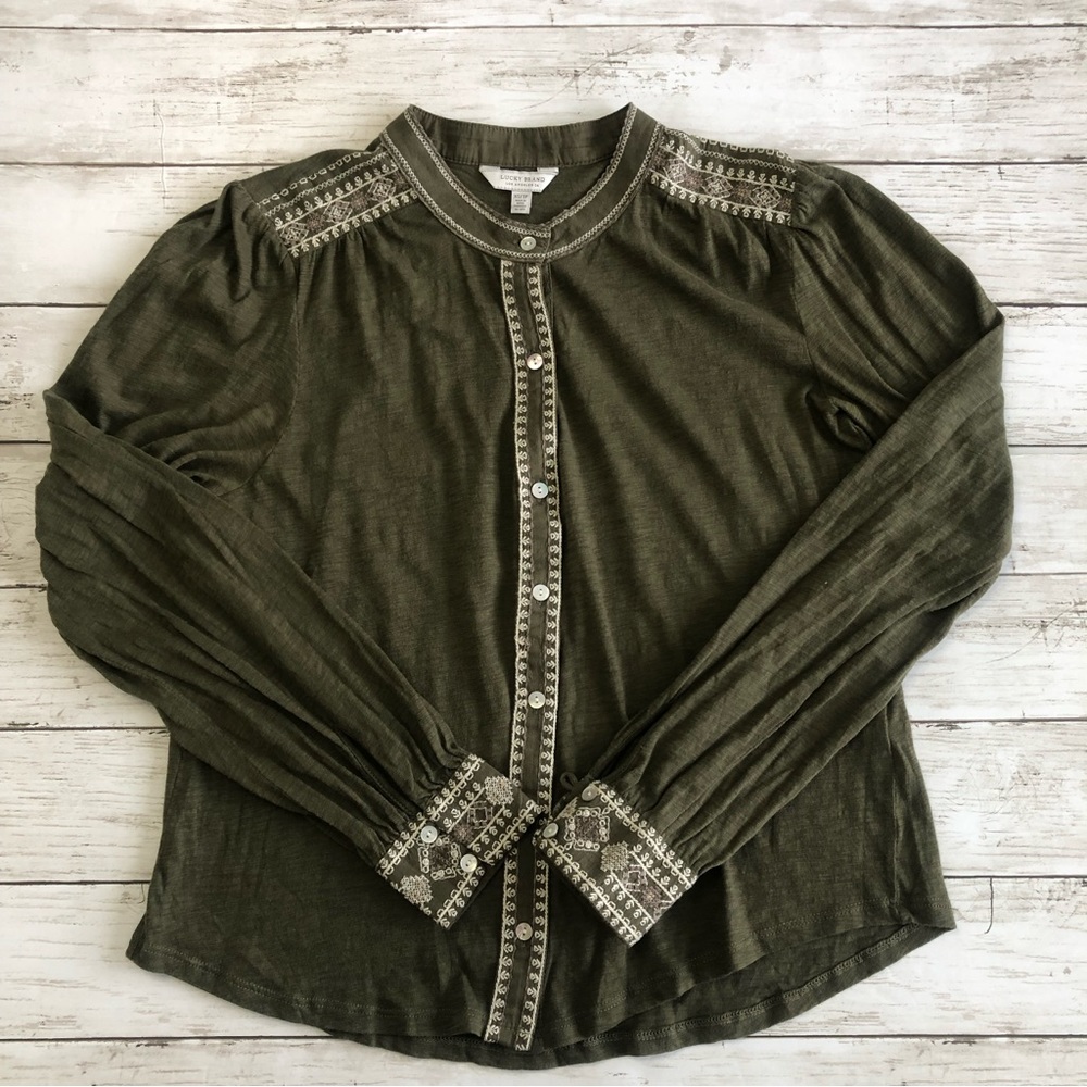 LUCKY BRAND Women Olive Green Embroidery Detail Long Sleeve Blouse Sz XS
